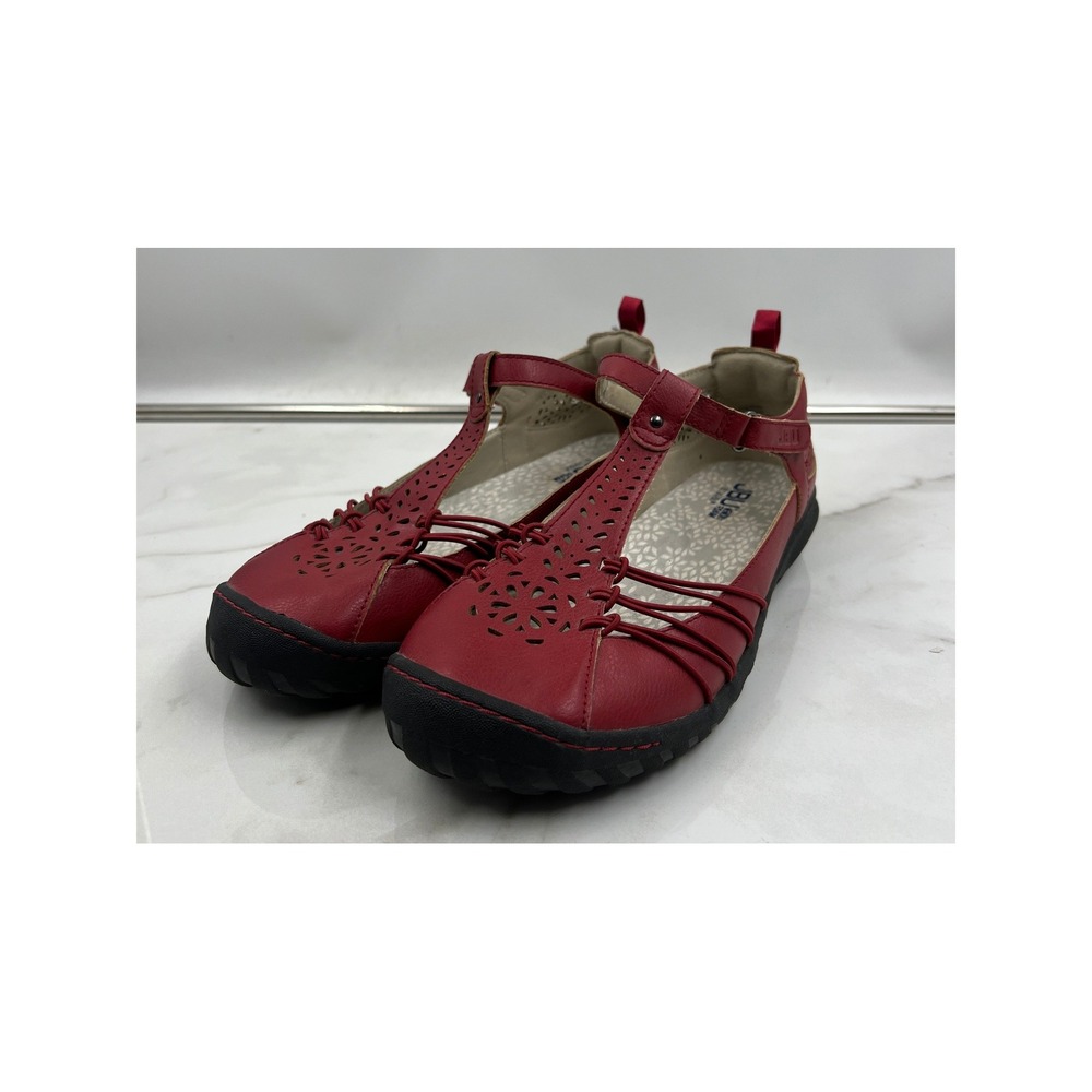 JBU by Jambu Shoes 9.5 Sahara Red Vegan Leather T-Strap Floral Laser Cut Flats
